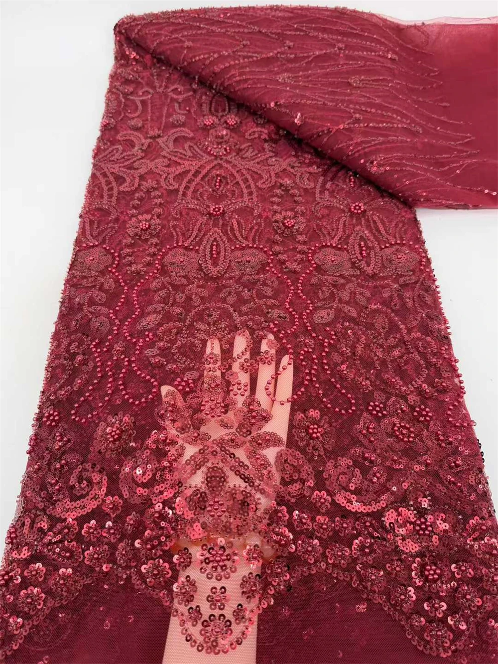 

New African Sequins Beaded Lace Fabrics High Quality Sequence Embroidery French Nigerian Lace Fabric For Wedding Sewing 5 Yards