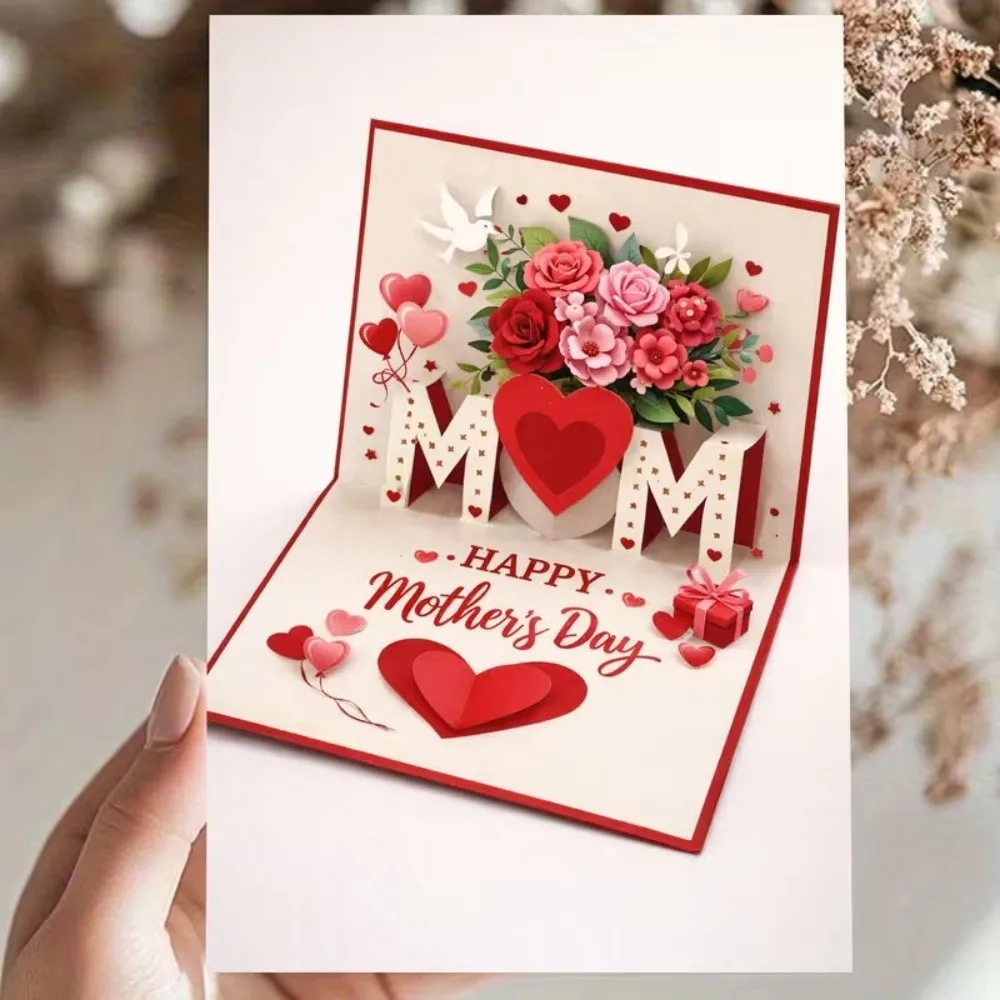 Imitation 3D Mother's Day Greeting Card Rose Heart Patterns with the Words Whimsical Card Paper Novelty Happy Birthday Card