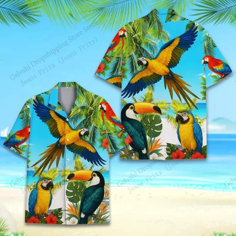 

Новая гавайская рубашка с 3D-принтом «Попугаи и цветы», пляжная рубашка для мужчин и женщин, модная блузка с коротким рукавом, мужская одежда, рубашки для отпуска