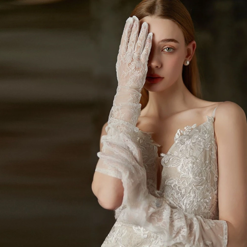 New Model Bride Wedding Dress Dress Gloves French Style Long Style Transparent Gauze Lace Banquet Christmas Performance Mittens
