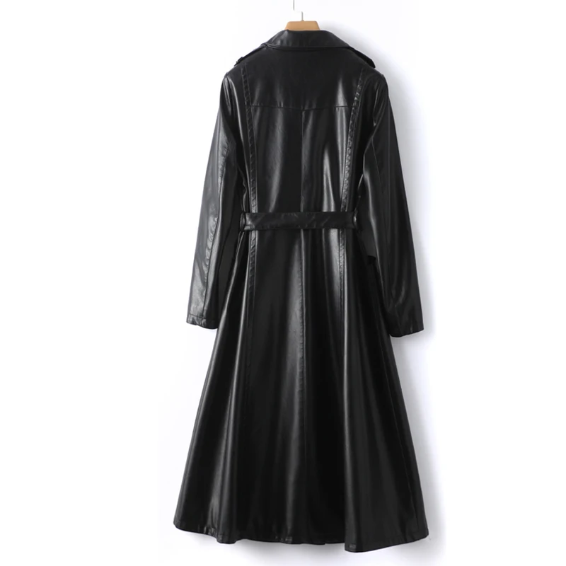 Gabardina negra de piel de oveja para mujer, abrigo elegante de manga larga con cinturón y cordones, Otoño e Invierno genuino para ropa de cuero, 100%, novedad de 2023