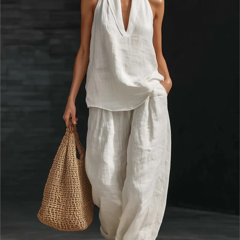 

Summer Fashion New Halter V-neck Sleeveless 2 Piece Sets Women Casual Solid Loose Top + Pocket Wide Leg Pants Two Piece Set