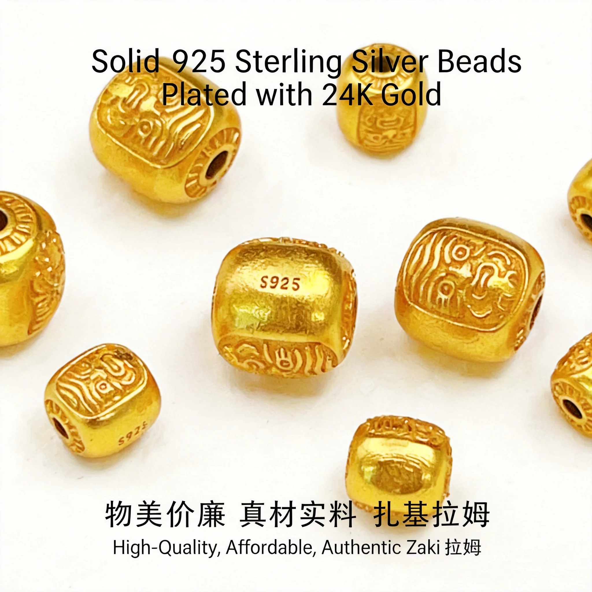 Chinese Style Lucky Blessing 24k Gold Plated S925 Silver Tibetan Zakiram Barrel Spacer Beads For Diy Bracelet Making Supplies