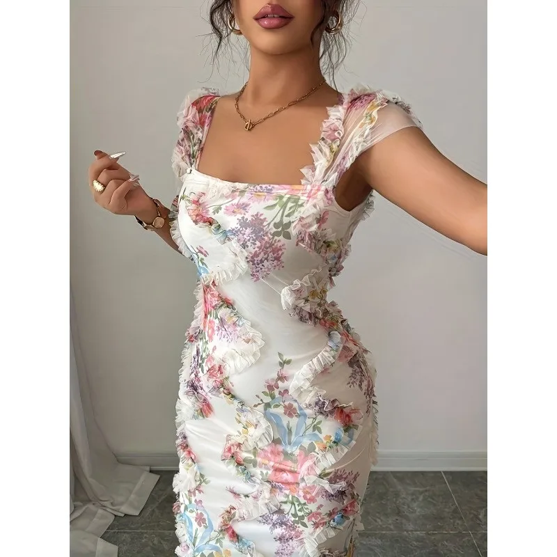Prom Dress Evening Wedding Guest Party Dresses Long Floral Print Maxi Dress Off Shoulder Ruffle Trim Dress High Waist Sheer