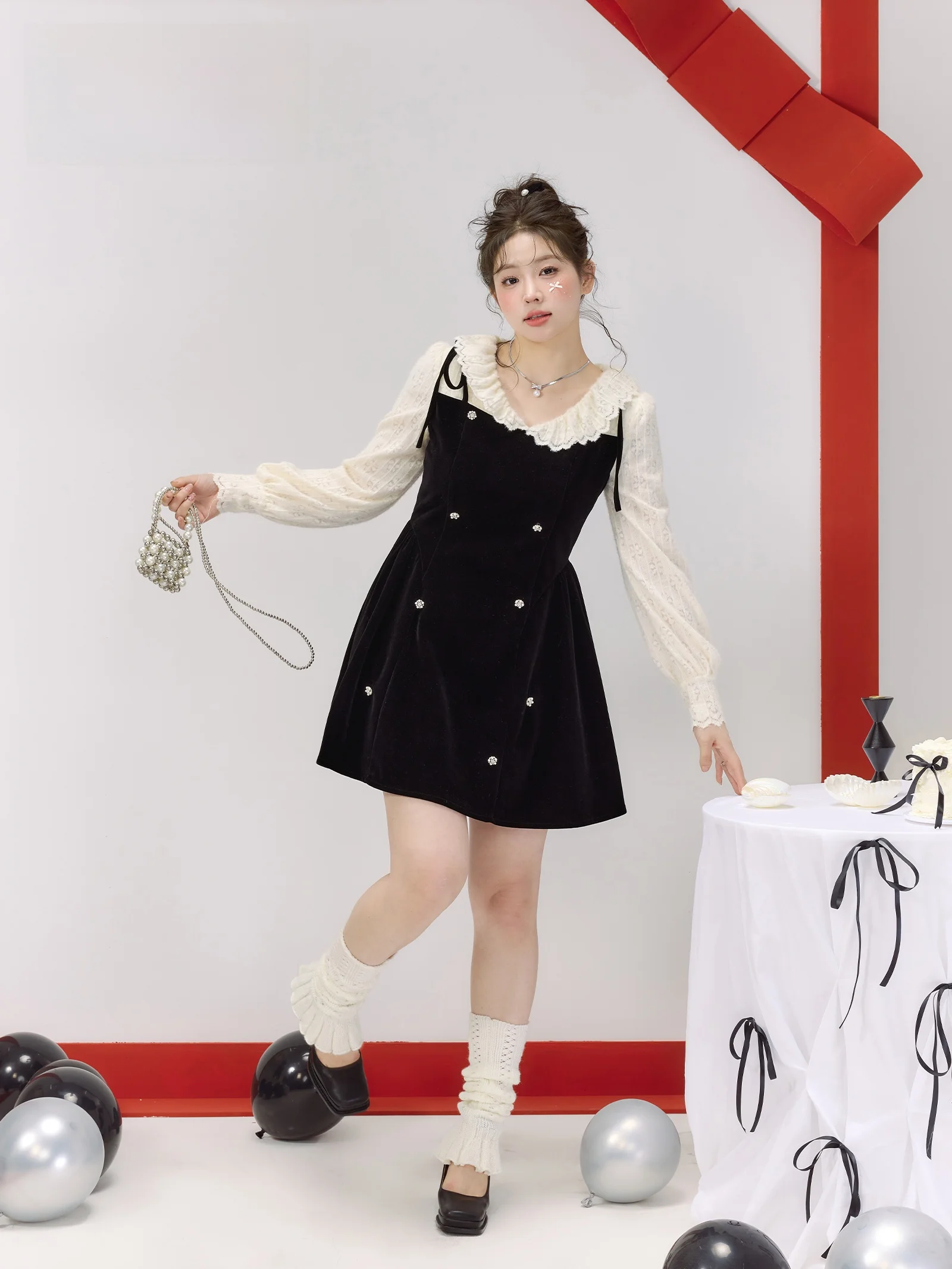 

Velvet Dr Slimming plus Size Women's Faion Autumn Winter High Waist A-Line Skirt V-Ne Long Sve Color