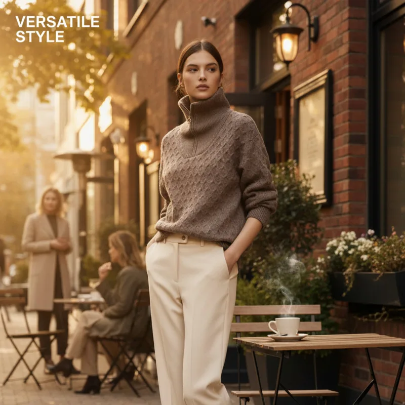 سترة متماسكة برقبة عالية نصف سحاب للنساء، نسيج كابل سميك، تصميم مريح بأكمام طويلة، ملابس شارع للخريف والشتاء #1