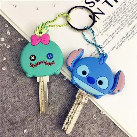 Disney Stitch Cartoon Key Cover Caps Minnie Key Chains Mickey Keychain Silicone Stitch Car Keychain The Key Ring Holder Women