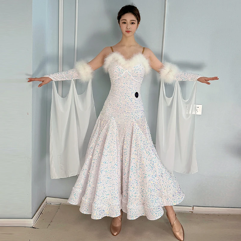 

2026 Ballroom Dress Standard Dance Competition Costume Velvet Sequin Long Dresses Women Waltz Performance Stage Wear White 3274