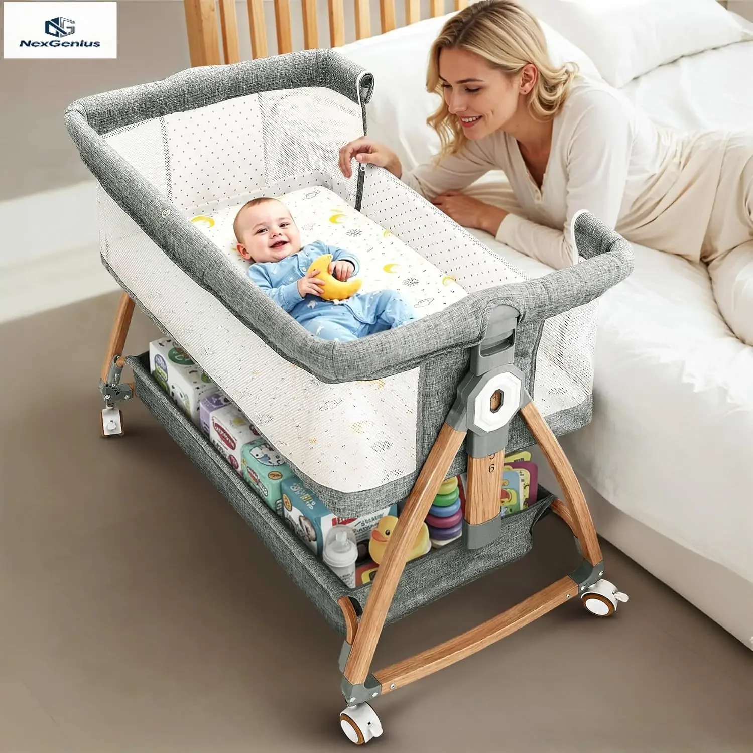 

Baby Bassinet Bedside Sleeper Rocking All Mesh Portable Crib Safe Co Sleeping Storage Basket Wheels Adjustable Height Travel Bag