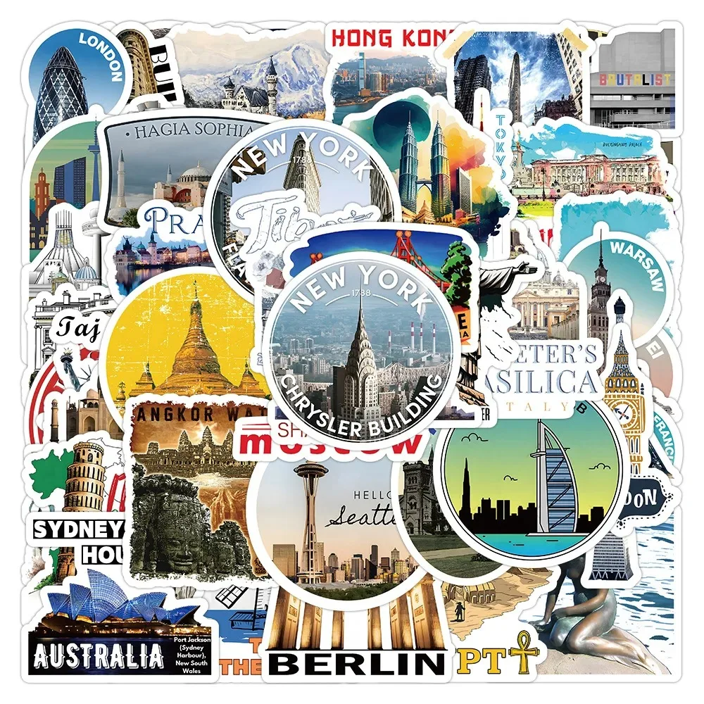 50PCS Popular Cartoon World Famous Buildings Sticker Pack Skateboard Decoration DIY Laptop Kids Graffiti Decals