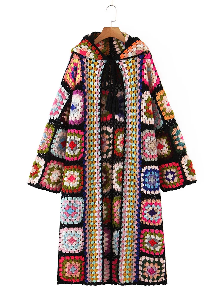 Pouvez-vous psyLady-Cardigan tricoté à la main pour femme, pull long, manteau d\'extérieur, crochet multicolore, capuche, vintage, hiver