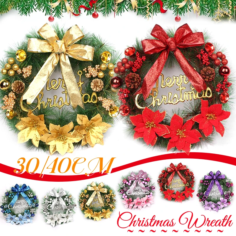 

Red Gold Silver Christmas Wreath Decoration with Bowknot Christmas Door Decoration Artificial Flower Garland New Year Navidad