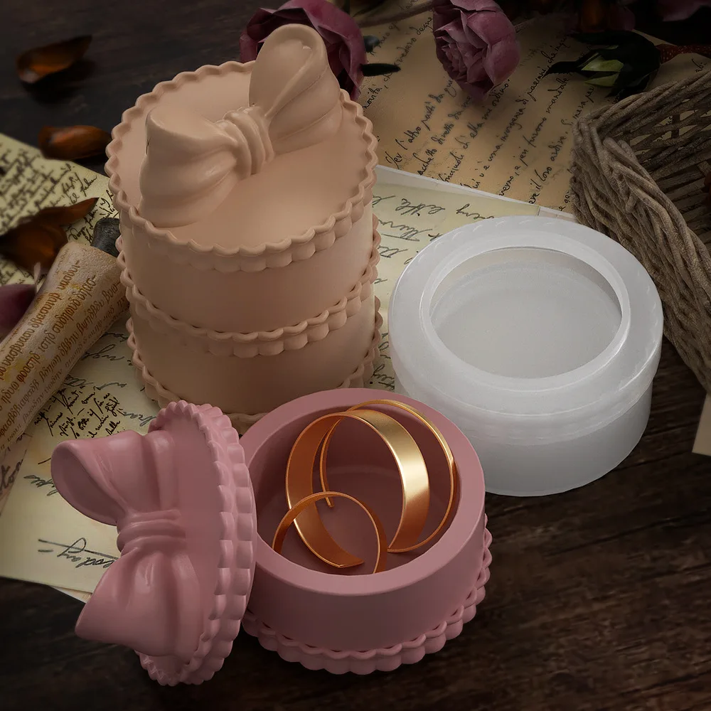 Storage Box Mold With Bowknot Lid Round Resin Box Molds Casting Silicone Mould DIY Gypsum Cement Moulds DIY Crafts