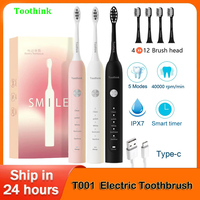 Toothink Electric Sonic Toothbrush USB Rechargeable Adult 360 Days Long Battery Life Clean with 4-12 Replacement Heads Gift T001