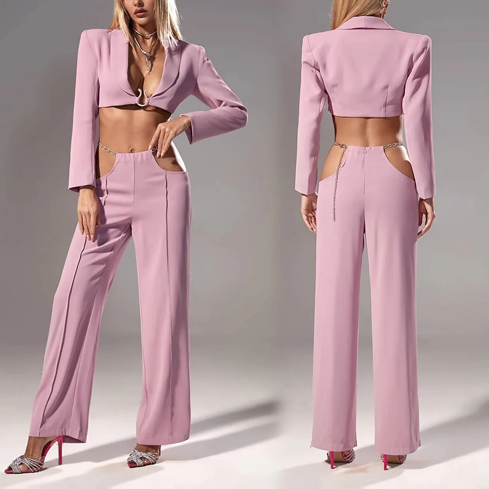 Retro Luxurious Snake Buckle Cropped Blazer Set Women Sexy Cutout Pants Two Piece Matching Outfits Casual Date Birthday Party