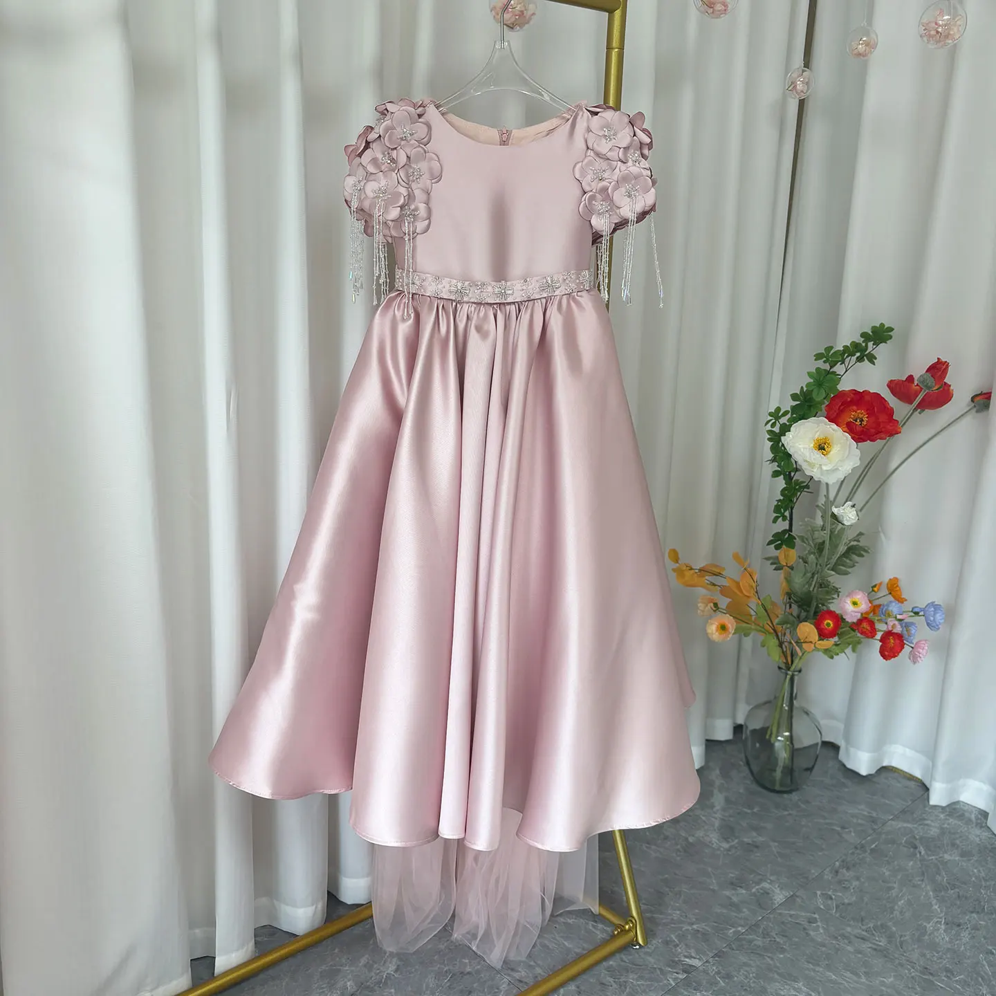 Jill Wish-Vestido de luxo Dusty Pink Girl com boné, frisas árabes, flores artesanais, vestido de princesa, casamento, festa de aniversário, crianças, J037