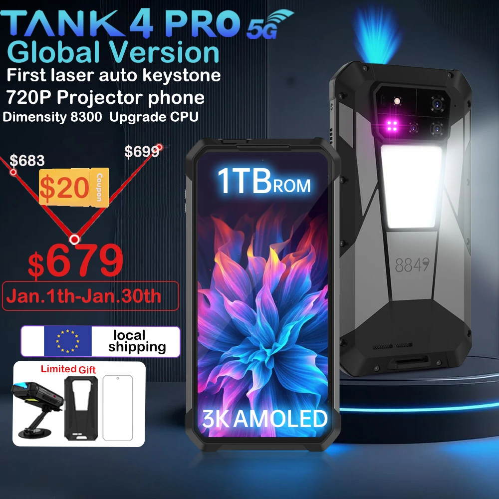8849 Tank 4 Pro Unihertz 5G Rugged Projector Smartphone 36G 1TB Android 14 Sports Phone 11600mAh Dimensity8300 AMOLED 120HZ