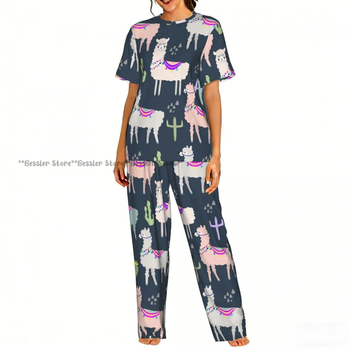 

Women's Llama And Cactus short sleeve trousers casual pajamas set