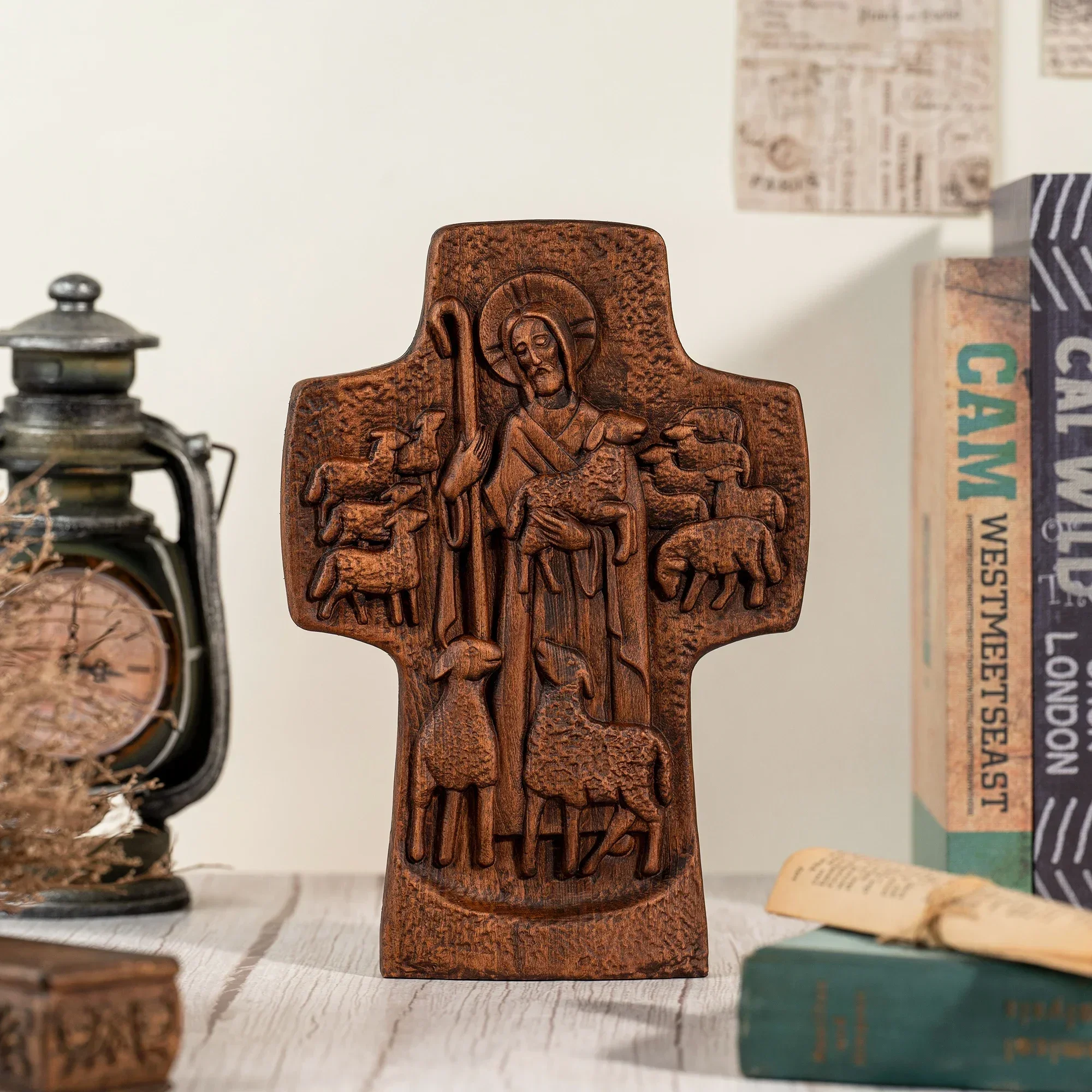 High Quality Jesus Christ's Good Shepherd Cross Statue Home Decor Ornaments, Religious Pastor Gift