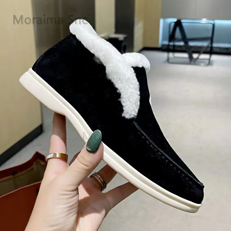 Slip On Women\'s Cotton Shoes Suede Leather Fur Snow Boots for Women Furry Flat Loafers Plush High Top Ankle Boots Winter Boots