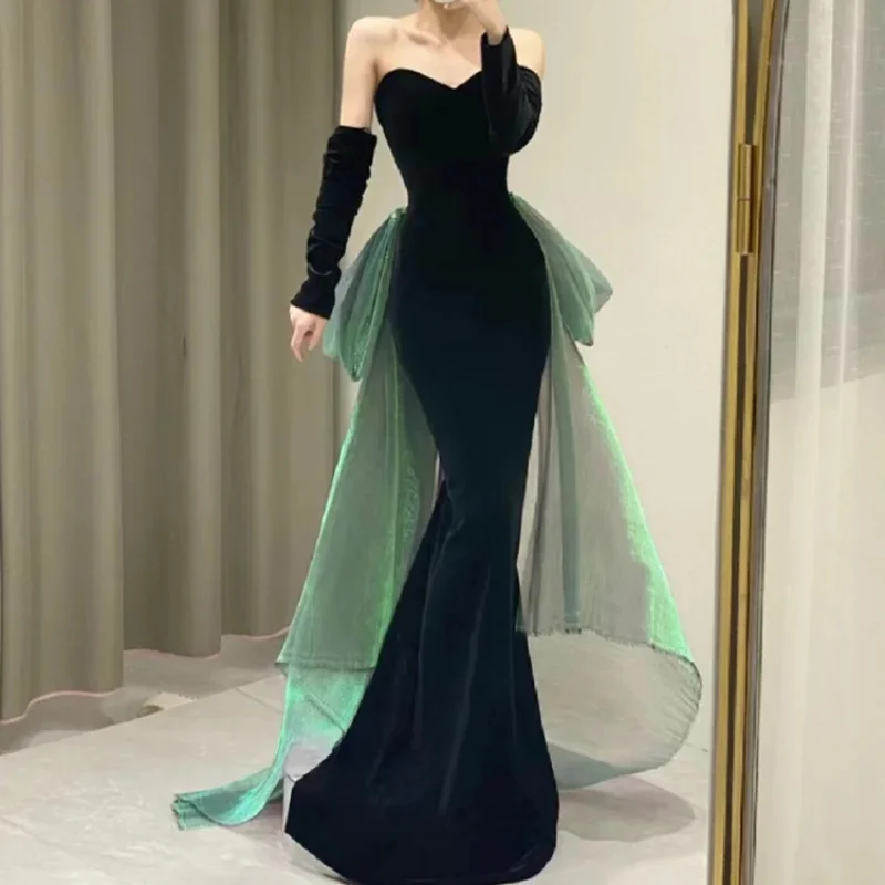 Customized Black Trumpet Evening Dress 2024 New Strapless Formal Robe Women Elegant Temperament Slim Waist Patchwork Bow Wedding