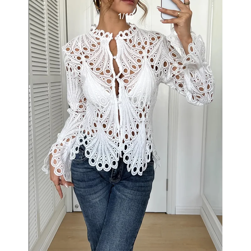 

Spring Summer Women's Unique Hollow out Lace Shirt Asymmetrical Long Sleeve Slimming Versatile Button Front Open Cardigan