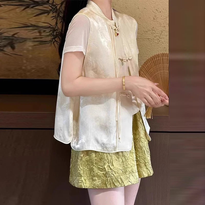 

2 Pieces Set , Summer Chinese Style Women Vintage Dobby Floral Beige Sleeveless Vest Coat Yellow Wide Leg Shorts Sets