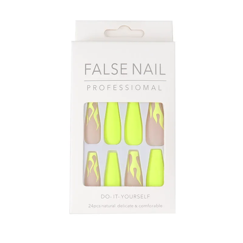 24 peças padrão de fogo amarelo imprensa em unhas falsas - formato de caixão longo - bailarina removível dicas de arte DIY