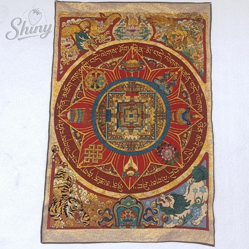 35.4″ Eight Treasures Mandala Brocade Tibetan Tangka Embroidery Painting Gold Thread Embroidery Decorative Hanging Pictures