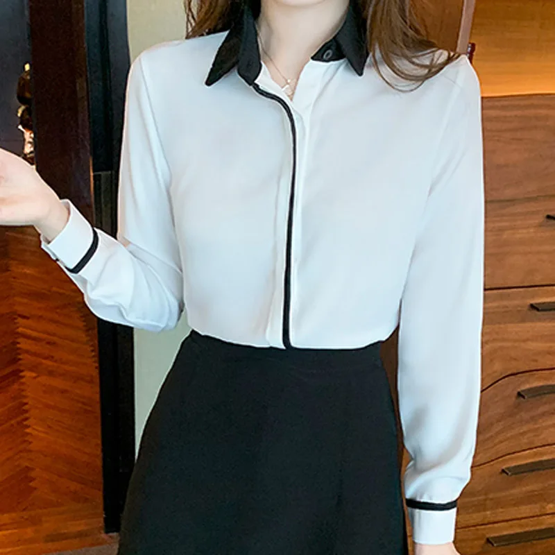 

2025 Fashion Office Lady Long Sleeve Turn Down Collar Women Shirt White Chiffon Shirt Blouse Women Tops Blusas De Mujer N647