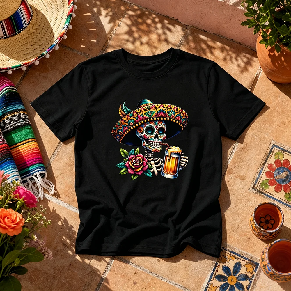 Unisex Breathable Mexican Sombrero Skull Tee Short Sleeve Parent-Child Matching Day of the Dead Fiesta Celebration Summer Top