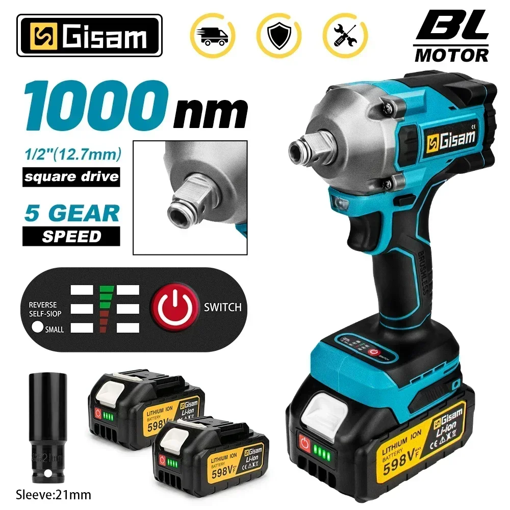 Gisam 1000N.M Torque Brushless Electric Impact Wrench 1/2 Inch Lithium-Ion Battery Cordless Power Tool For Makita 18V Battery