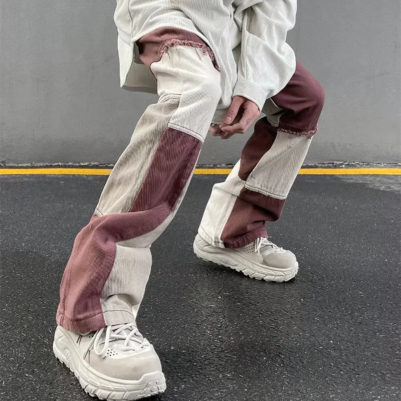 2022 New Fashion Brown Patchwork Grunge Baggy Men Jeans Trousers High Street Loose Straight Hip Hop Women Denim Pants Pantalones