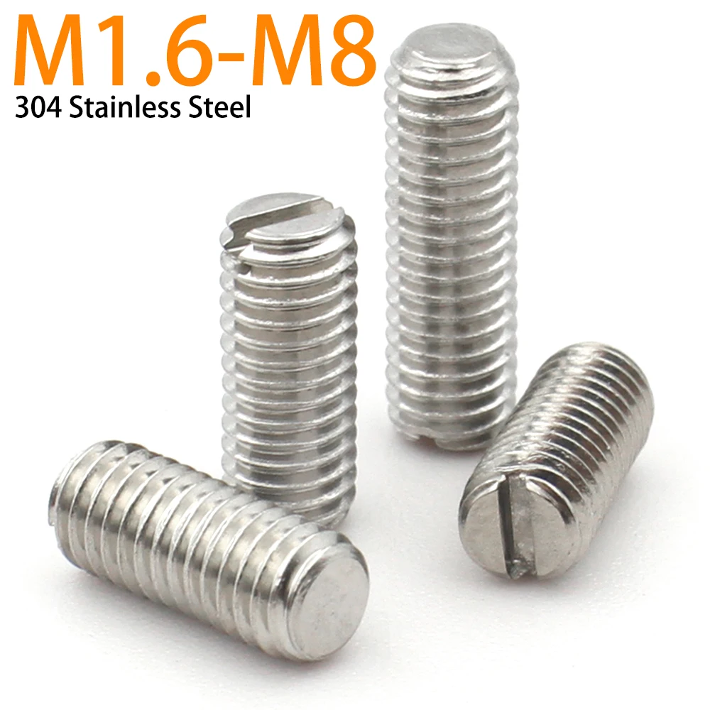 10-50pcs M1.6 M2 M2.5 M3 M4 M5 M6 M8 304 Stainless Steel Slotted Head Flat Point  Set Grub Screw Headless Set Screws