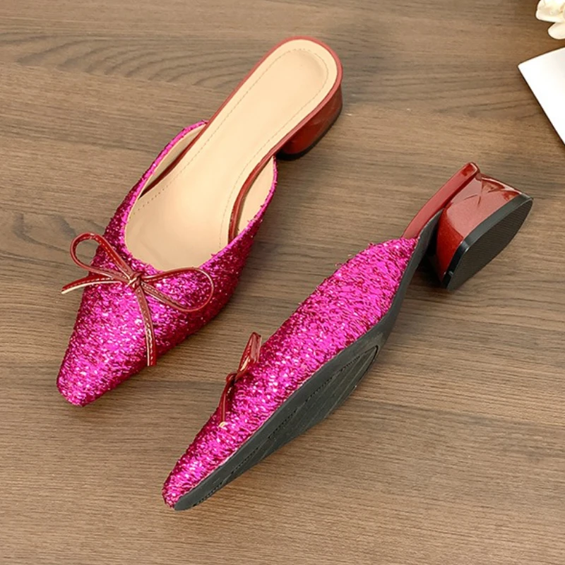 

Fashion Bowknot Chunky Heel Mules Women Sandals Pointed Toe Slides Comfort Shiny Brand Designer Slippers Women Zapatos De Mujer