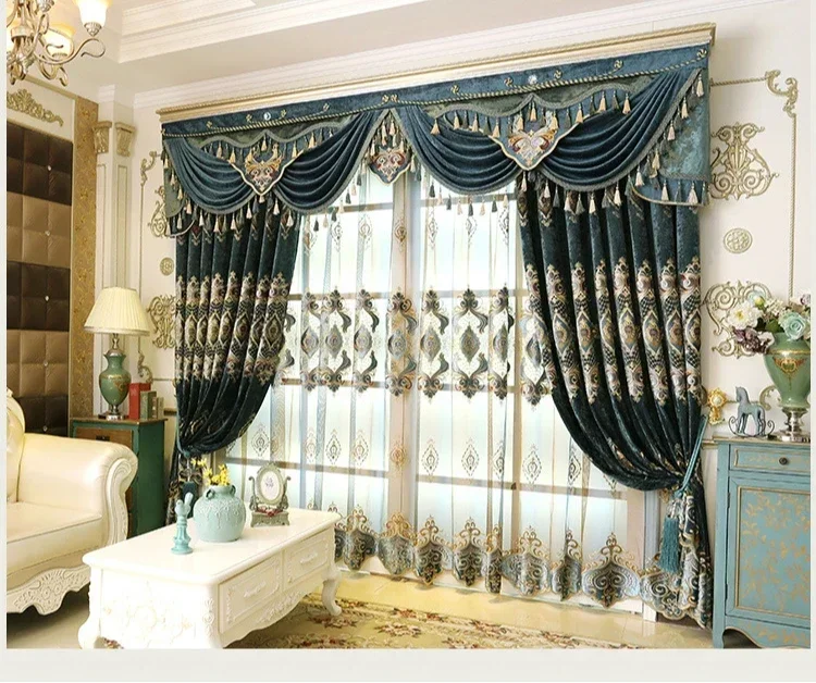 

Europe Exquisite Embroidered Dark Green Curtains for dinning Living Room High-end Chenille Bedroom full Blackout Decor