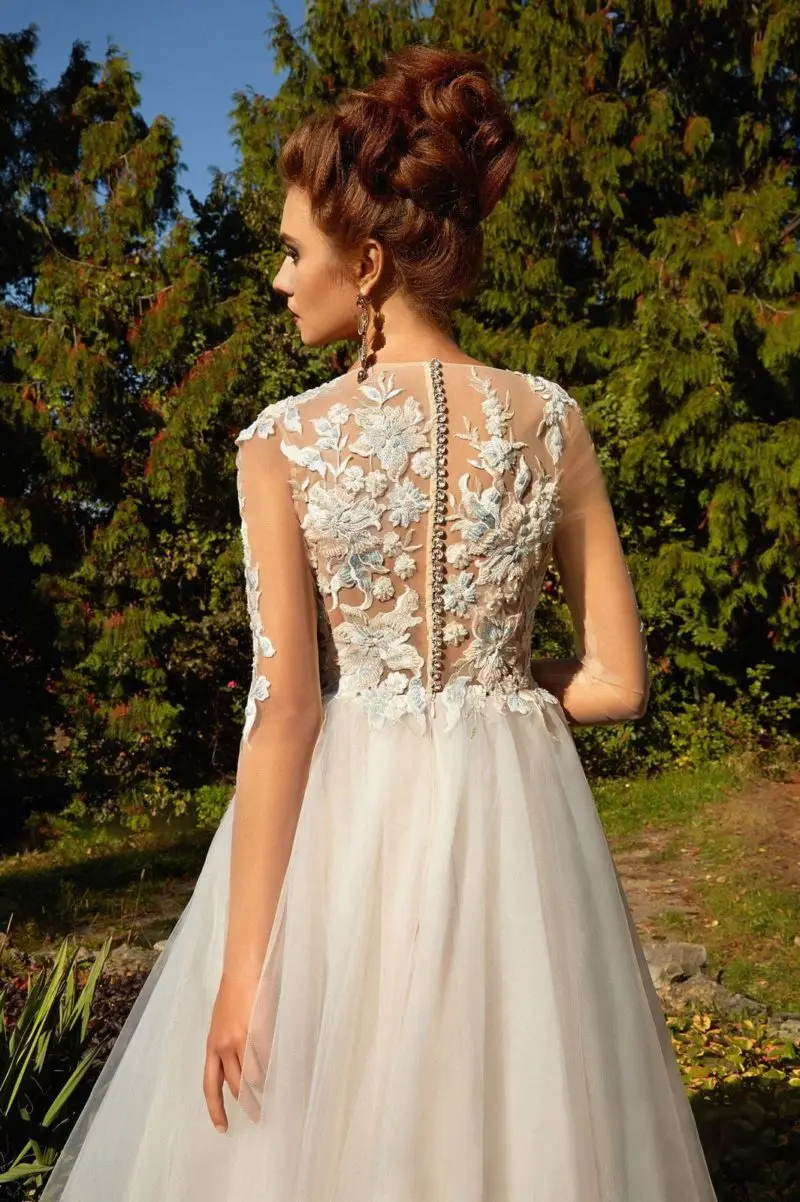 Robes de mariée A-ligne en dentelle de tulle scoop, robe de Rhformelle, appliques à manches longues, longueur au sol, bouton Icidal, exquis