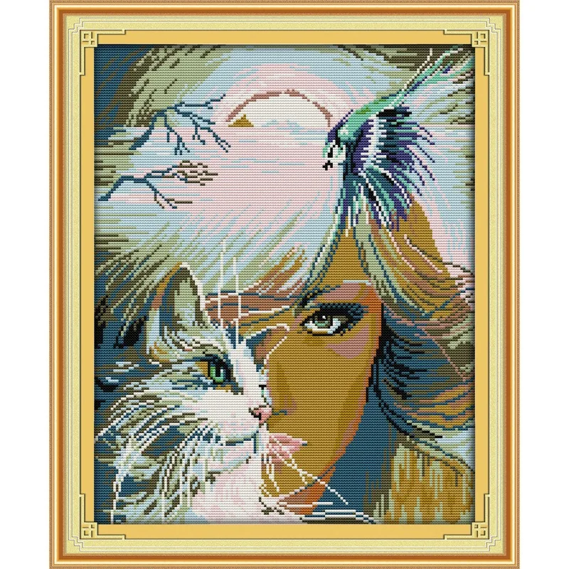 

Joy Sunday New Stamped Cross Stitch Kit,11/14/16CT DIY Easy Pattern Aida Fabric Embroidery Set-Girl and Cat (2)
