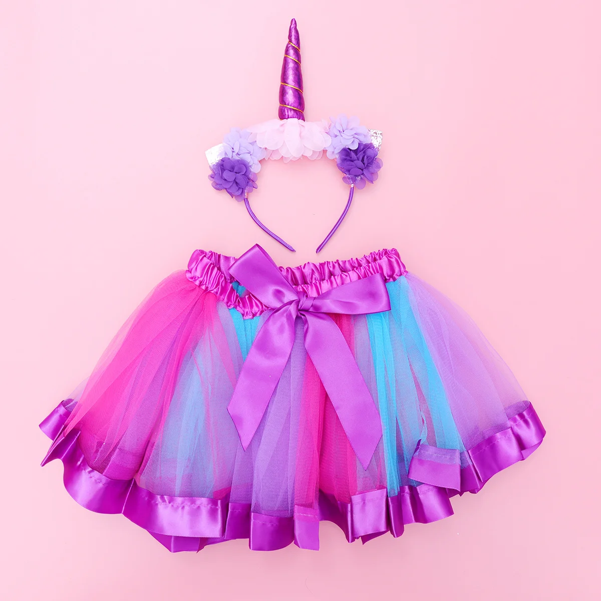 زي يونيكورن للفتيات طقم تنورة قوس قزح أرجواني للأطفال متعدد الطبقات فستان توتو شبكي بخصر مطاطي وحزام قابل للتعديل
