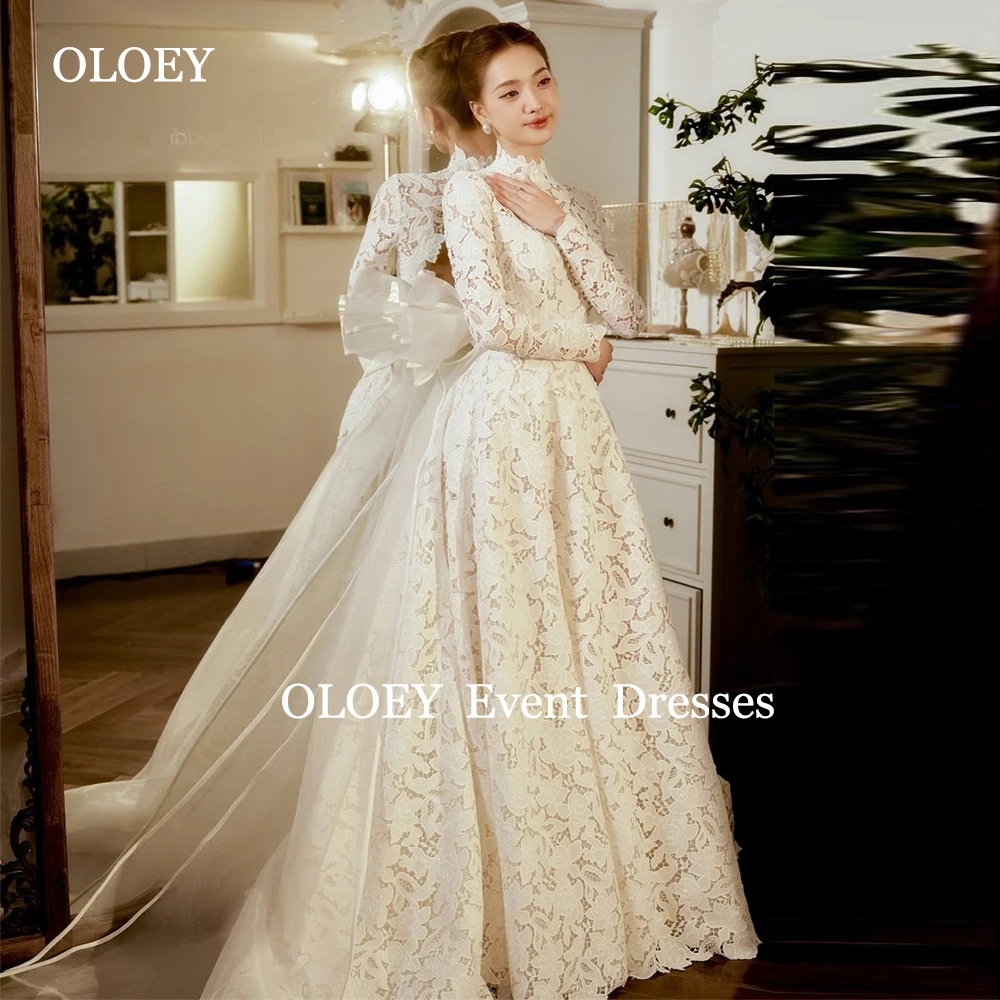 OLOEY Luxury Full Lace A Line Wedding Dresses Korea Photoshoot Floor Length Bridal Gowns Long Sleeves 2025 Women Customized