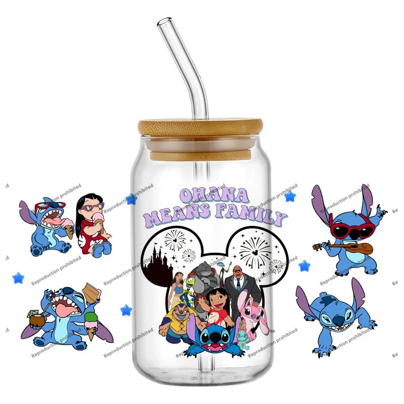 Miniso غرزة الكرتون تصميم عالية الجودة 16 أوقية كوب زجاجي التفاف الأشعة فوق البنفسجية DTF نقل ملصق الشارات شعبية ديكور حديقة المنزل #4