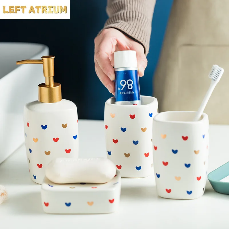 Nordic Bathroom Supplies Love Ceramic Emulsion Bottle Mouthwash Cup Toothbrush Holder Soap Dish Bathroom Decoration Accessories