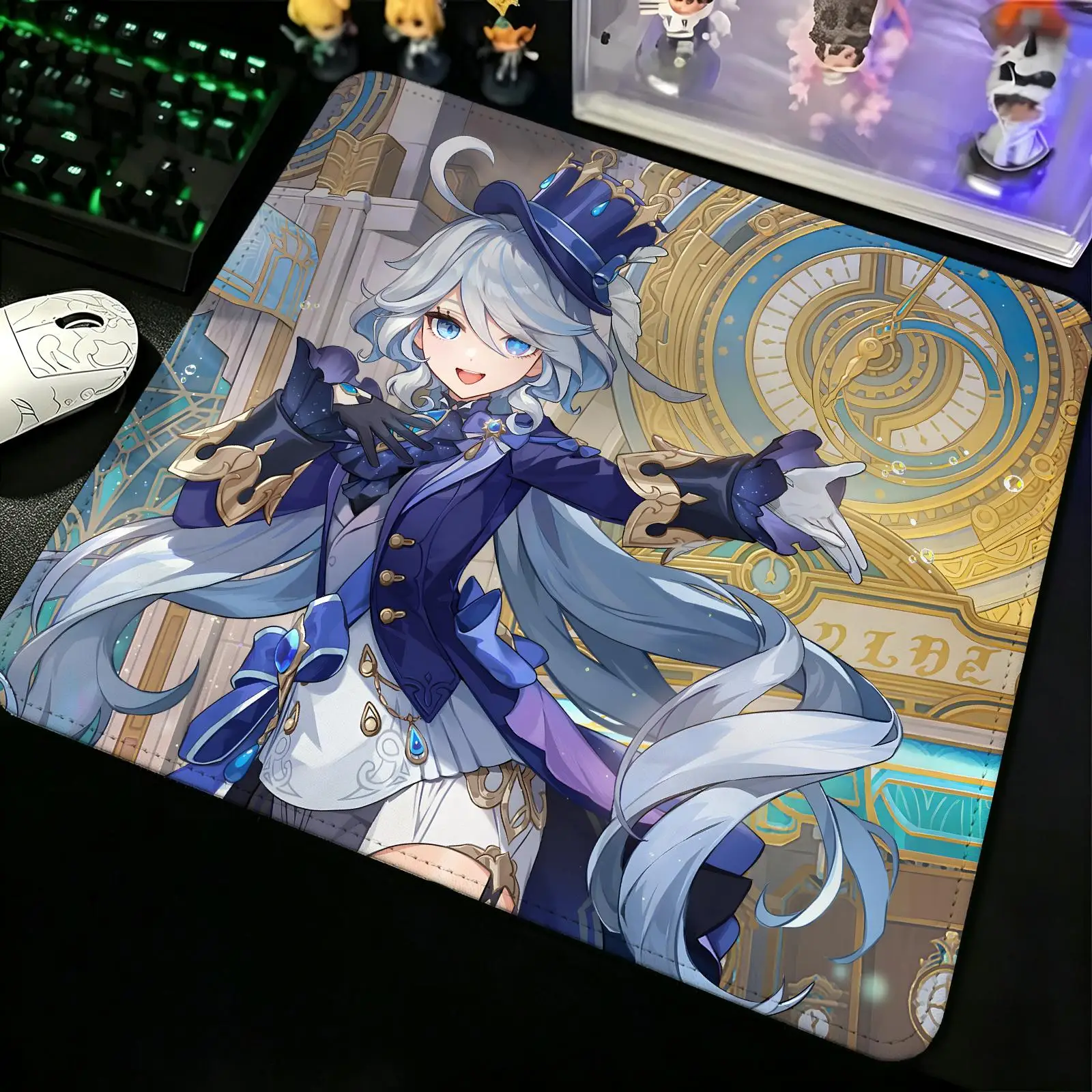 Compact Gaming Mat Reinforced Stitched Border, Genshin Impact Furina S/M/L Sizes Portable Laptop Desk Pad for Office & E-sports