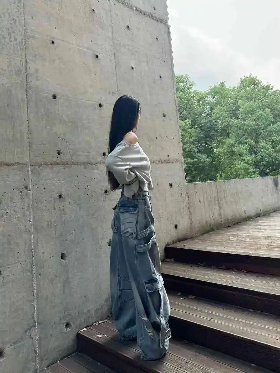 Jean Cargo déchiré Vintage bleu effiloché, multi-poches, pour femmes, Cyber Chic américain Hip Hop Y2k, taille haute, pantalon en Denim droit ample