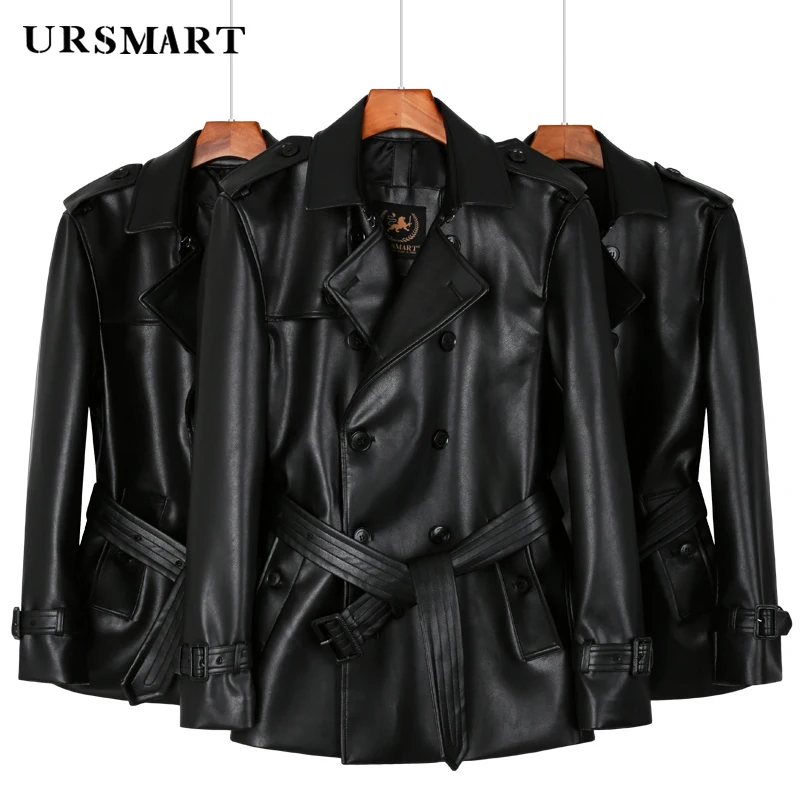 

2024 men's leather windbreaker double breasted short men's leather jacket British trend thickened down inner leather t