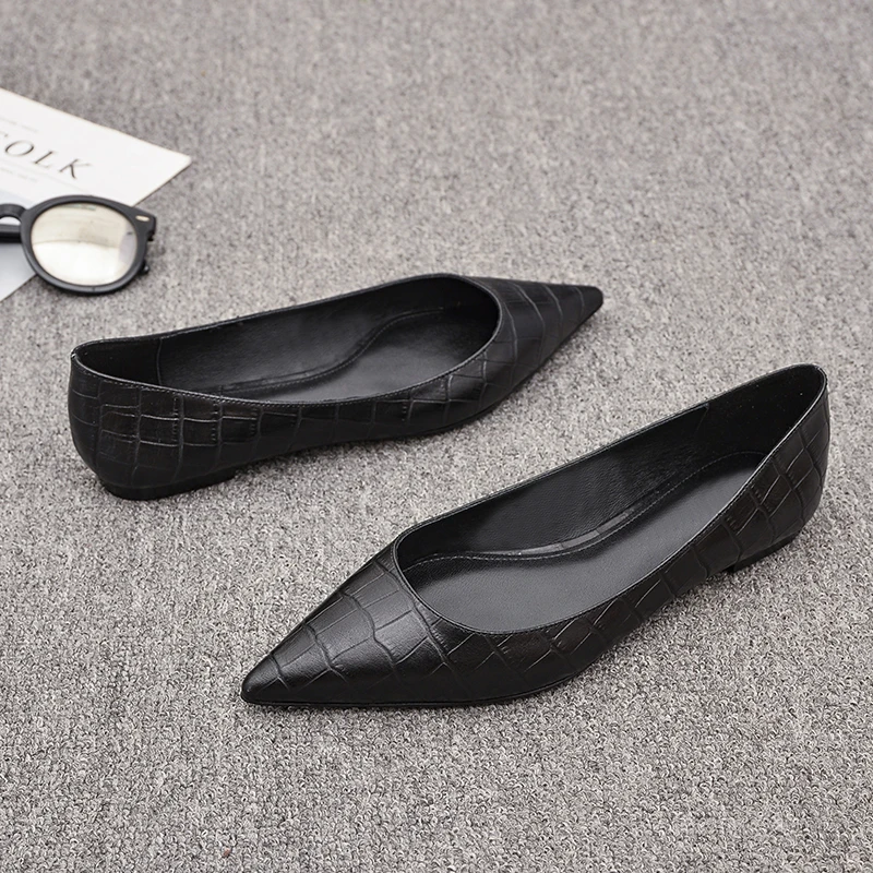 Women Flats Black Shoes for Lady Small Size 31 32 33 Big Size 43 44 Pointed Head Pu Leather Stone Pattern Summer Spring 2023