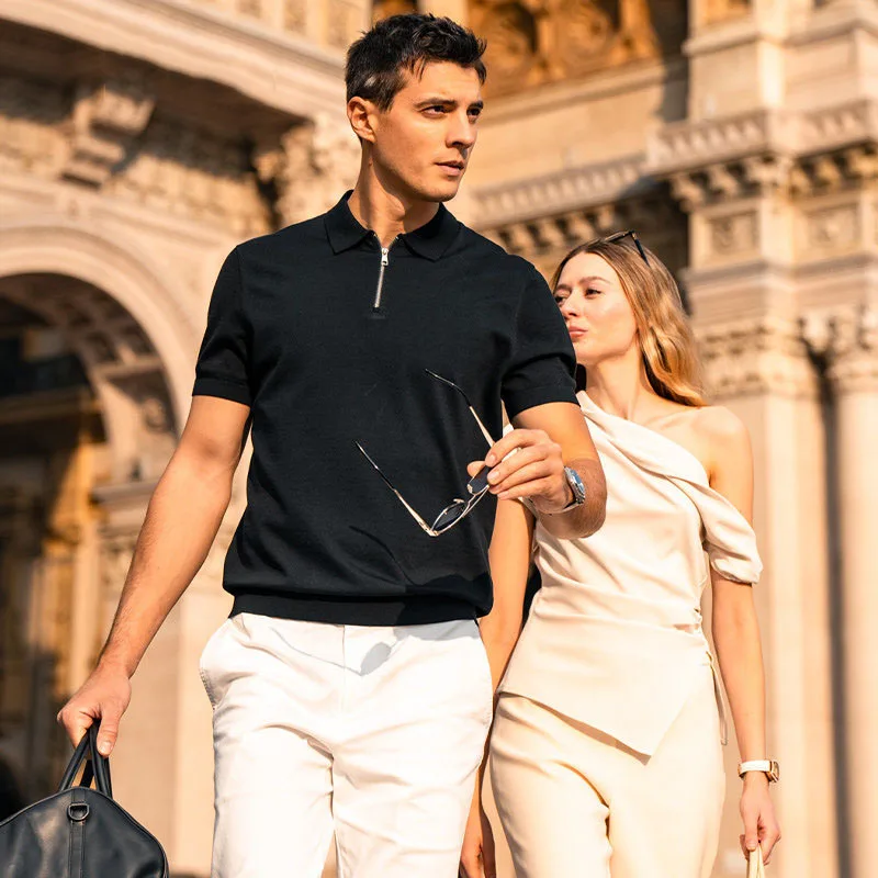 Summer Half-Zip Lapel Short Sleeve Knit Polo Shirt Men's Premium Business Casual Top