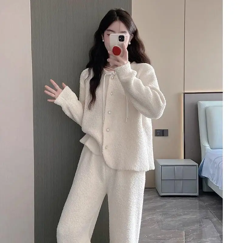 

Women's Pajama Set Thickened Coral Fleece Sweet Cute Winter Comfortable Sleepwear Warm Home Clothes Half Flannel Loungewear Girl