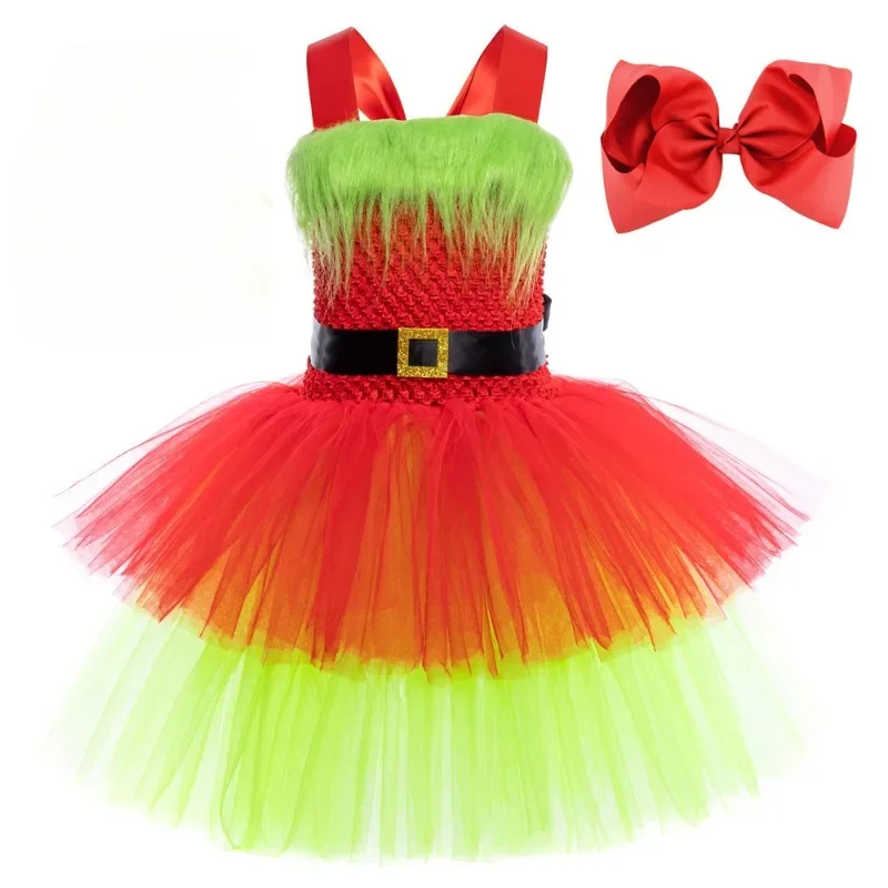 Santa Claus Grinch Costume Kids Girls Christmas Tutu Dress Outfit Toddler Girls Halloween Green Fur Monster Dress Up Clothes