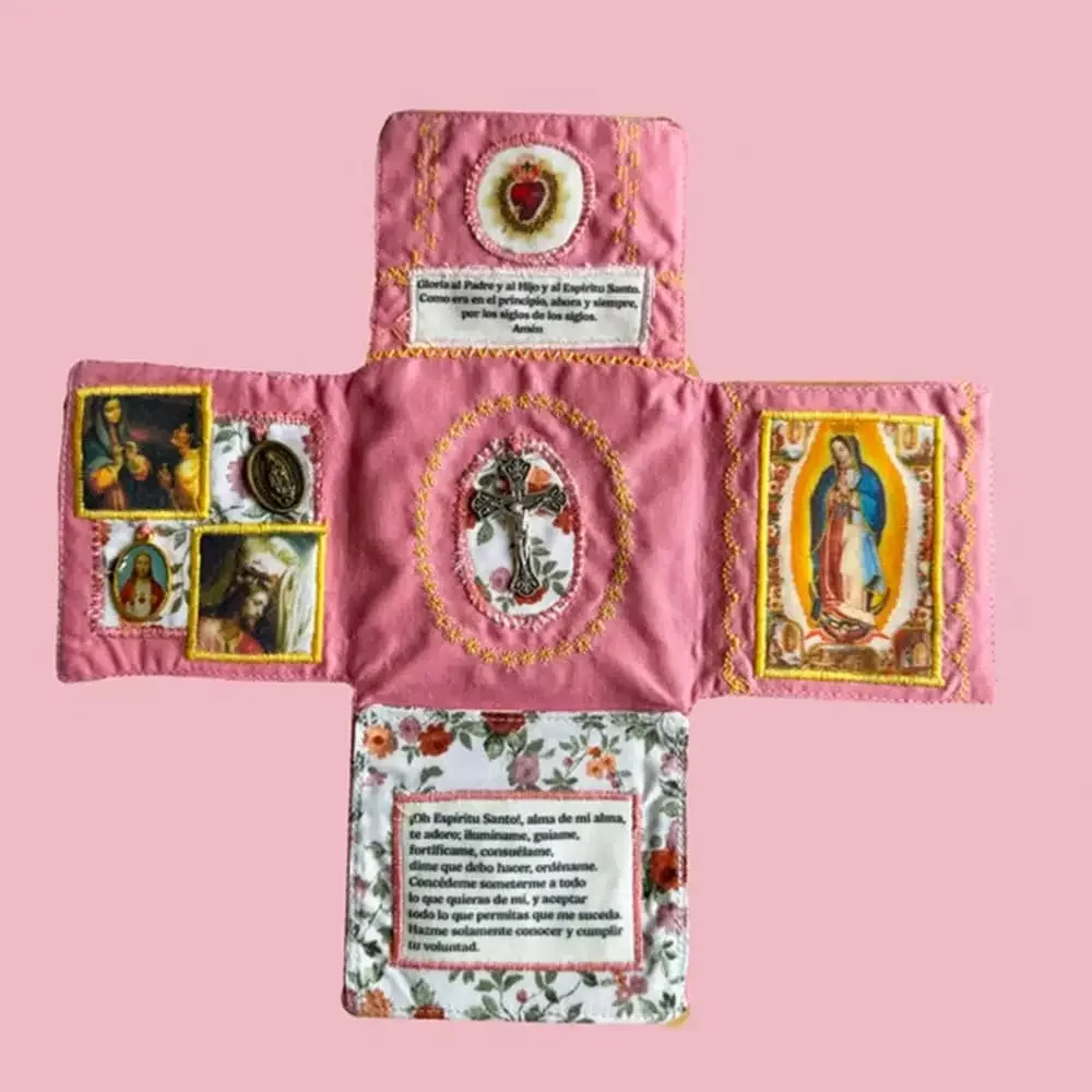 

Handcrafted Pocket Devotional Faith Edition Cross Shaped Fabric Pouch Sewing Pocket Devotional with Cross Saint Images Prayers